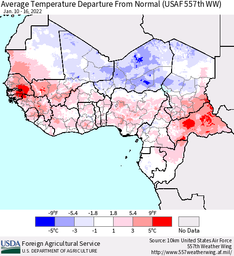 Western Africa Average Temperature Departure from Normal (USAF 557th WW) Thematic Map For 1/10/2022 - 1/16/2022