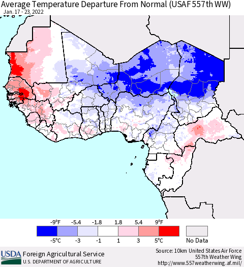 Western Africa Average Temperature Departure from Normal (USAF 557th WW) Thematic Map For 1/17/2022 - 1/23/2022
