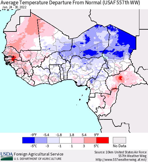 Western Africa Average Temperature Departure from Normal (USAF 557th WW) Thematic Map For 1/24/2022 - 1/30/2022