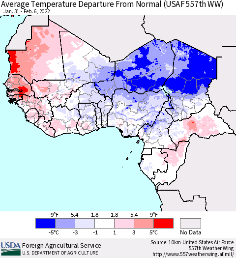 Western Africa Average Temperature Departure from Normal (USAF 557th WW) Thematic Map For 1/31/2022 - 2/6/2022