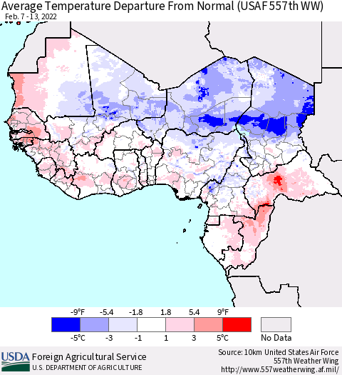 Western Africa Average Temperature Departure from Normal (USAF 557th WW) Thematic Map For 2/7/2022 - 2/13/2022