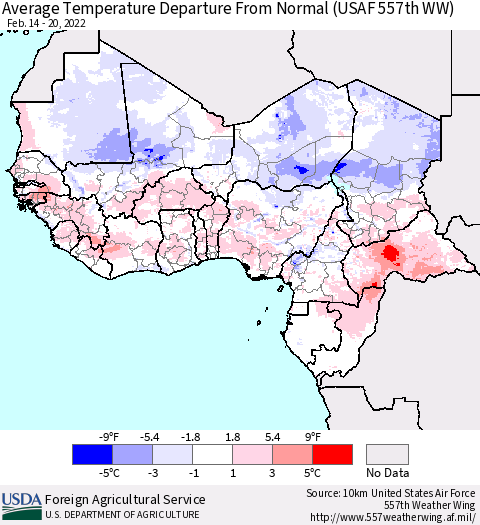 Western Africa Average Temperature Departure from Normal (USAF 557th WW) Thematic Map For 2/14/2022 - 2/20/2022