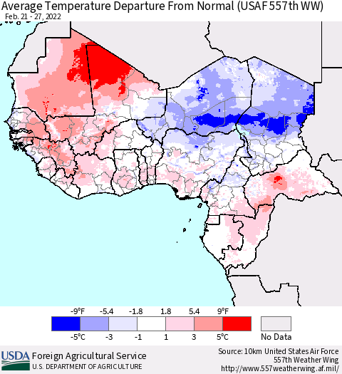 Western Africa Average Temperature Departure from Normal (USAF 557th WW) Thematic Map For 2/21/2022 - 2/27/2022