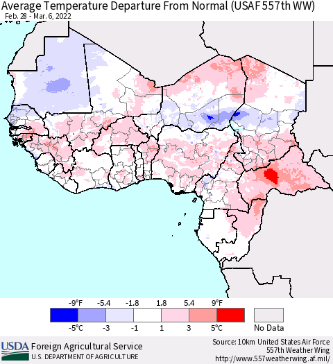 Western Africa Average Temperature Departure from Normal (USAF 557th WW) Thematic Map For 2/28/2022 - 3/6/2022