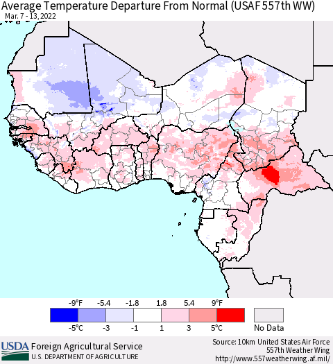 Western Africa Average Temperature Departure from Normal (USAF 557th WW) Thematic Map For 3/7/2022 - 3/13/2022