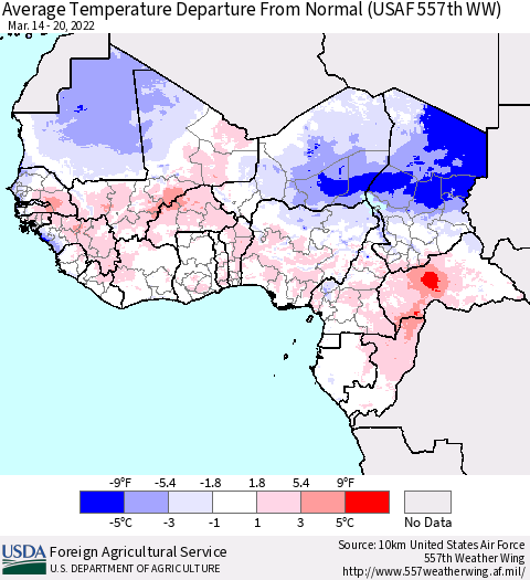 Western Africa Average Temperature Departure from Normal (USAF 557th WW) Thematic Map For 3/14/2022 - 3/20/2022