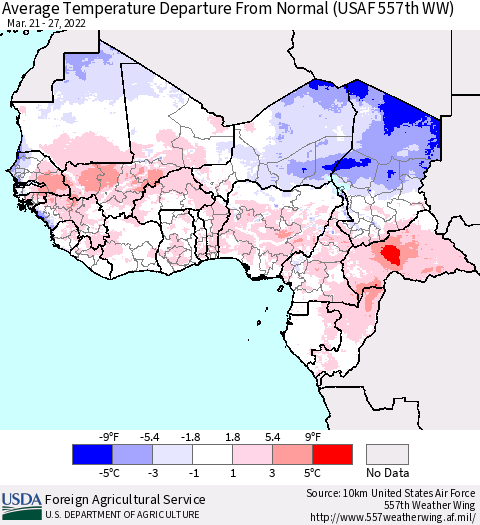Western Africa Average Temperature Departure from Normal (USAF 557th WW) Thematic Map For 3/21/2022 - 3/27/2022