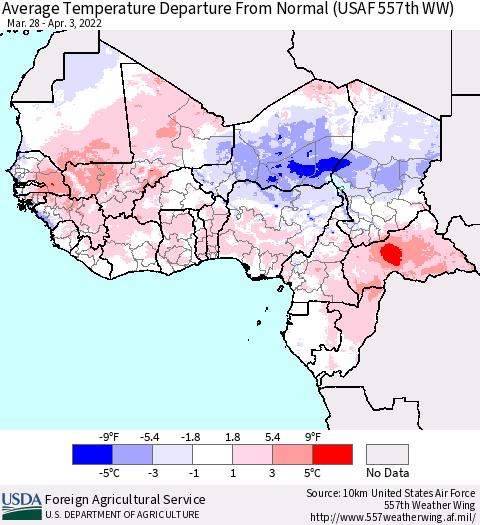 Western Africa Average Temperature Departure from Normal (USAF 557th WW) Thematic Map For 3/28/2022 - 4/3/2022
