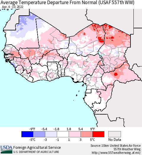 Western Africa Average Temperature Departure from Normal (USAF 557th WW) Thematic Map For 4/4/2022 - 4/10/2022