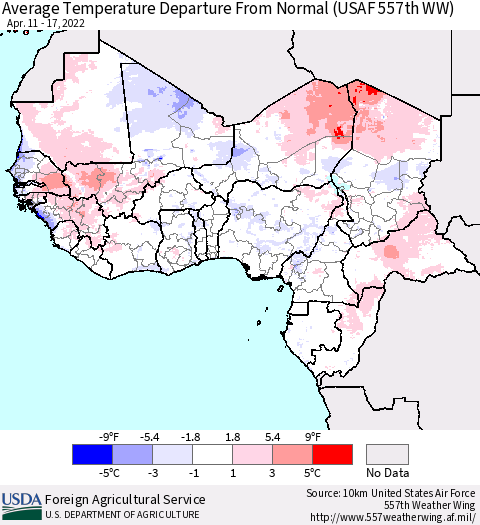 Western Africa Average Temperature Departure from Normal (USAF 557th WW) Thematic Map For 4/11/2022 - 4/17/2022