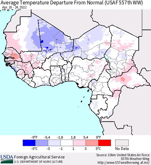Western Africa Average Temperature Departure from Normal (USAF 557th WW) Thematic Map For 4/18/2022 - 4/24/2022