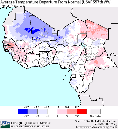 Western Africa Average Temperature Departure from Normal (USAF 557th WW) Thematic Map For 4/25/2022 - 5/1/2022