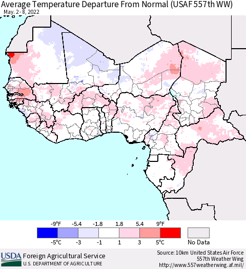 Western Africa Average Temperature Departure from Normal (USAF 557th WW) Thematic Map For 5/2/2022 - 5/8/2022