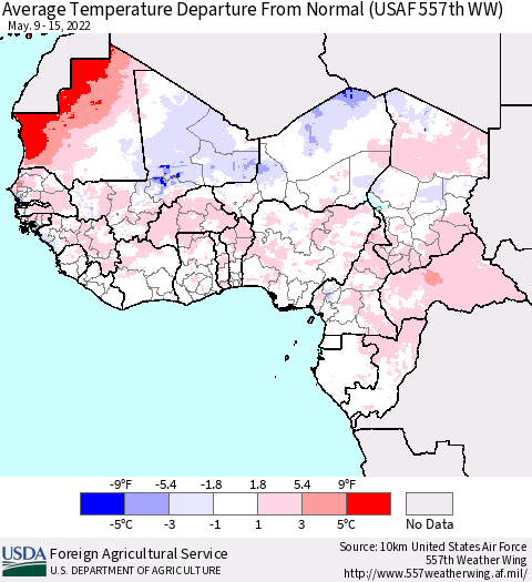 Western Africa Average Temperature Departure from Normal (USAF 557th WW) Thematic Map For 5/9/2022 - 5/15/2022