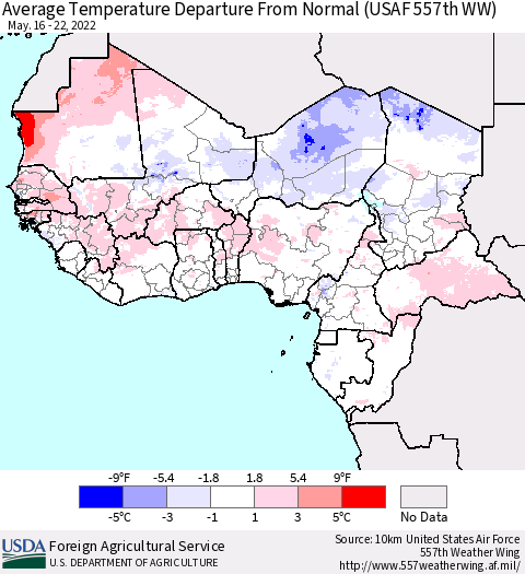 Western Africa Average Temperature Departure from Normal (USAF 557th WW) Thematic Map For 5/16/2022 - 5/22/2022