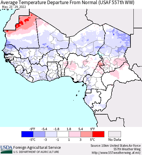 Western Africa Average Temperature Departure from Normal (USAF 557th WW) Thematic Map For 5/23/2022 - 5/29/2022