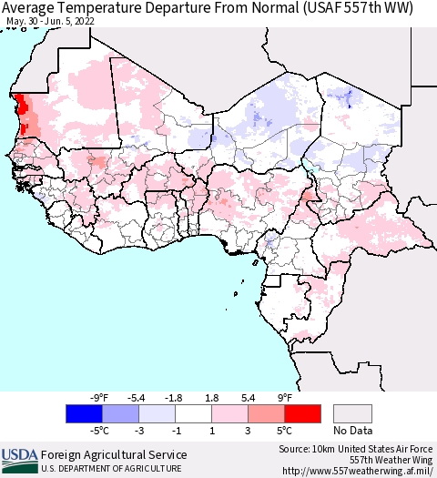 Western Africa Average Temperature Departure from Normal (USAF 557th WW) Thematic Map For 5/30/2022 - 6/5/2022