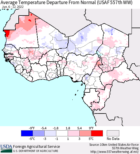 Western Africa Average Temperature Departure from Normal (USAF 557th WW) Thematic Map For 6/6/2022 - 6/12/2022