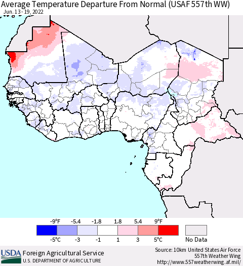 Western Africa Average Temperature Departure from Normal (USAF 557th WW) Thematic Map For 6/13/2022 - 6/19/2022