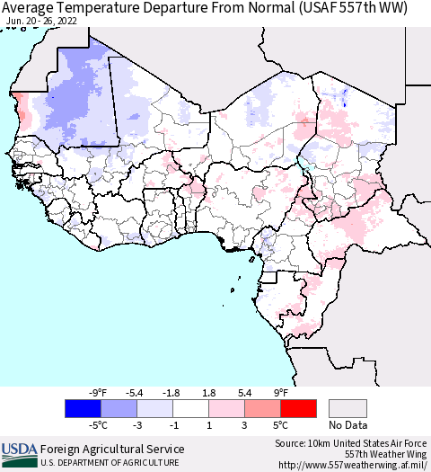Western Africa Average Temperature Departure from Normal (USAF 557th WW) Thematic Map For 6/20/2022 - 6/26/2022