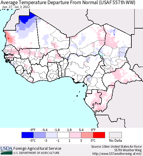 Western Africa Average Temperature Departure from Normal (USAF 557th WW) Thematic Map For 6/27/2022 - 7/3/2022