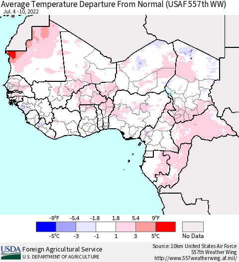 Western Africa Average Temperature Departure from Normal (USAF 557th WW) Thematic Map For 7/4/2022 - 7/10/2022