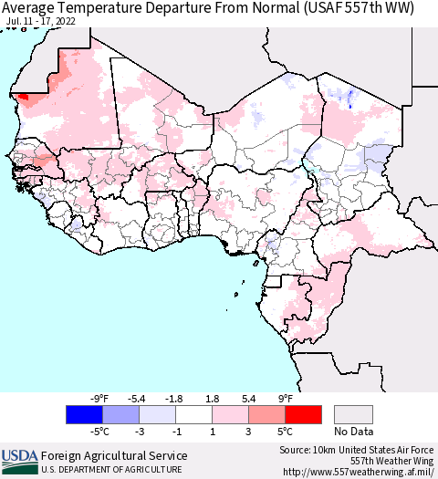 Western Africa Average Temperature Departure from Normal (USAF 557th WW) Thematic Map For 7/11/2022 - 7/17/2022