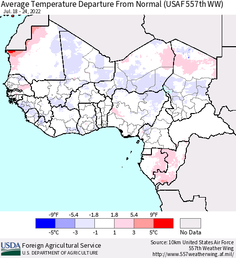 Western Africa Average Temperature Departure from Normal (USAF 557th WW) Thematic Map For 7/18/2022 - 7/24/2022