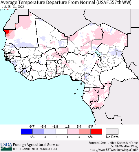 Western Africa Average Temperature Departure from Normal (USAF 557th WW) Thematic Map For 7/25/2022 - 7/31/2022
