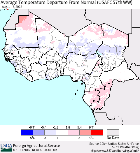 Western Africa Average Temperature Departure from Normal (USAF 557th WW) Thematic Map For 8/1/2022 - 8/7/2022