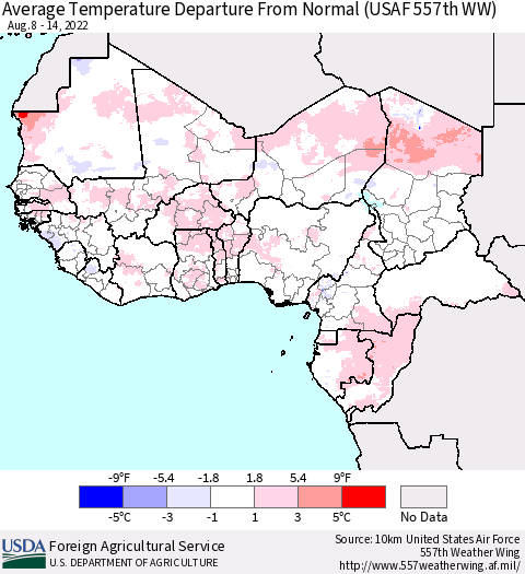 Western Africa Average Temperature Departure from Normal (USAF 557th WW) Thematic Map For 8/8/2022 - 8/14/2022