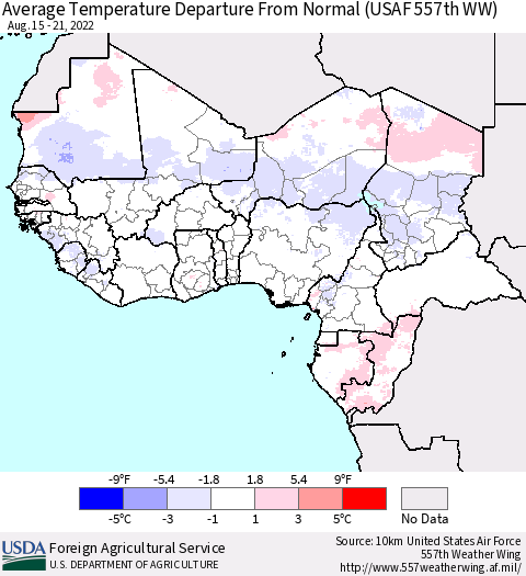 Western Africa Average Temperature Departure from Normal (USAF 557th WW) Thematic Map For 8/15/2022 - 8/21/2022