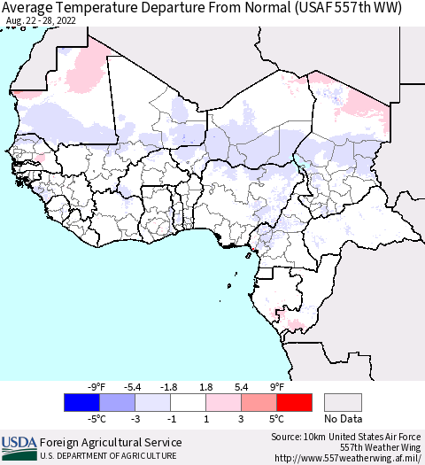 Western Africa Average Temperature Departure from Normal (USAF 557th WW) Thematic Map For 8/22/2022 - 8/28/2022