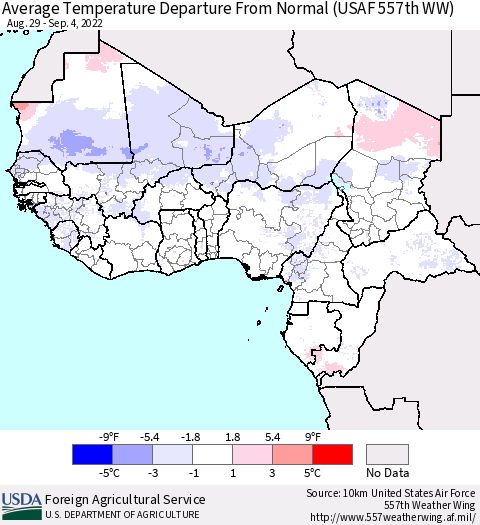 Western Africa Average Temperature Departure from Normal (USAF 557th WW) Thematic Map For 8/29/2022 - 9/4/2022