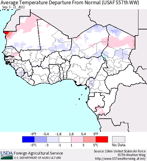 Western Africa Average Temperature Departure from Normal (USAF 557th WW) Thematic Map For 9/5/2022 - 9/11/2022