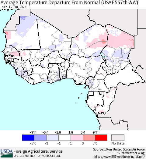 Western Africa Average Temperature Departure from Normal (USAF 557th WW) Thematic Map For 9/12/2022 - 9/18/2022