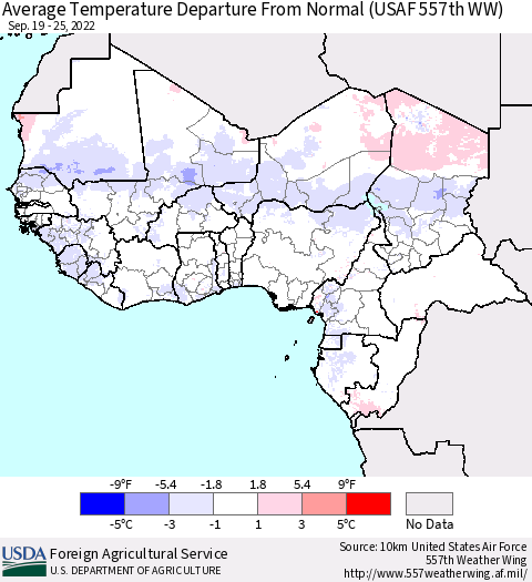 Western Africa Average Temperature Departure from Normal (USAF 557th WW) Thematic Map For 9/19/2022 - 9/25/2022