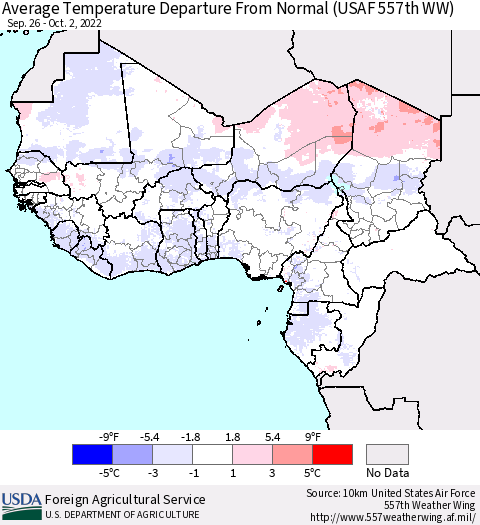 Western Africa Average Temperature Departure from Normal (USAF 557th WW) Thematic Map For 9/26/2022 - 10/2/2022