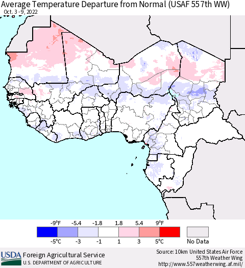 Western Africa Average Temperature Departure from Normal (USAF 557th WW) Thematic Map For 10/3/2022 - 10/9/2022