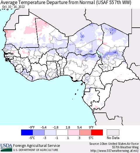 Western Africa Average Temperature Departure from Normal (USAF 557th WW) Thematic Map For 10/10/2022 - 10/16/2022