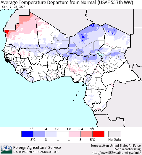 Western Africa Average Temperature Departure from Normal (USAF 557th WW) Thematic Map For 10/17/2022 - 10/23/2022