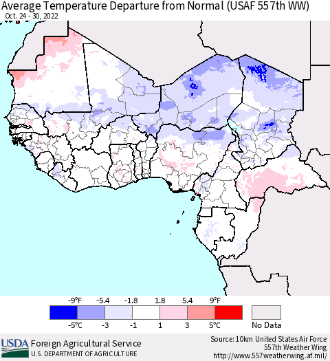 Western Africa Average Temperature Departure from Normal (USAF 557th WW) Thematic Map For 10/24/2022 - 10/30/2022