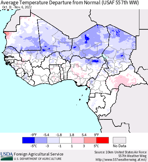 Western Africa Average Temperature Departure from Normal (USAF 557th WW) Thematic Map For 10/31/2022 - 11/6/2022
