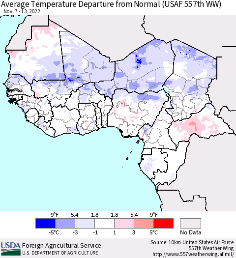 Western Africa Average Temperature Departure from Normal (USAF 557th WW) Thematic Map For 11/7/2022 - 11/13/2022