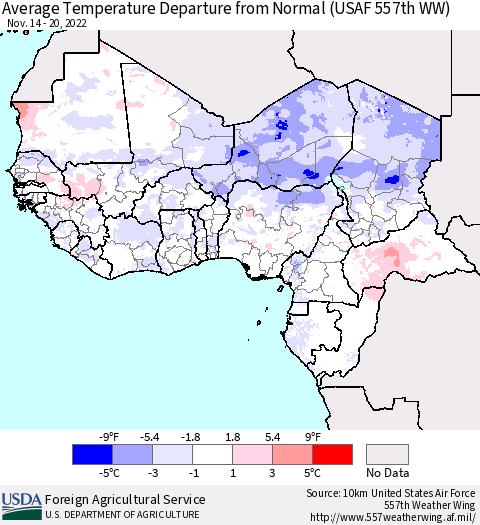 Western Africa Average Temperature Departure from Normal (USAF 557th WW) Thematic Map For 11/14/2022 - 11/20/2022