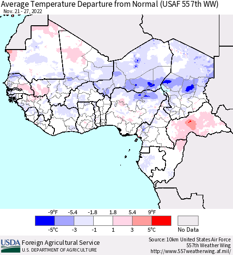 Western Africa Average Temperature Departure from Normal (USAF 557th WW) Thematic Map For 11/21/2022 - 11/27/2022