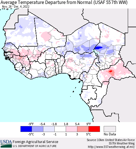 Western Africa Average Temperature Departure from Normal (USAF 557th WW) Thematic Map For 11/28/2022 - 12/4/2022