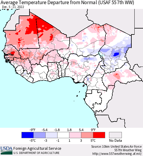 Western Africa Average Temperature Departure from Normal (USAF 557th WW) Thematic Map For 12/5/2022 - 12/11/2022