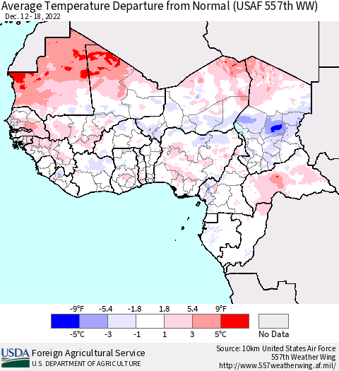 Western Africa Average Temperature Departure from Normal (USAF 557th WW) Thematic Map For 12/12/2022 - 12/18/2022