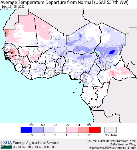 Western Africa Average Temperature Departure from Normal (USAF 557th WW) Thematic Map For 12/19/2022 - 12/25/2022